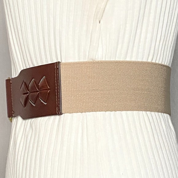 Beige Elastic Cinch Belt Brown Bonded Leather Ends Hook Buckle - Picture 5 of 9